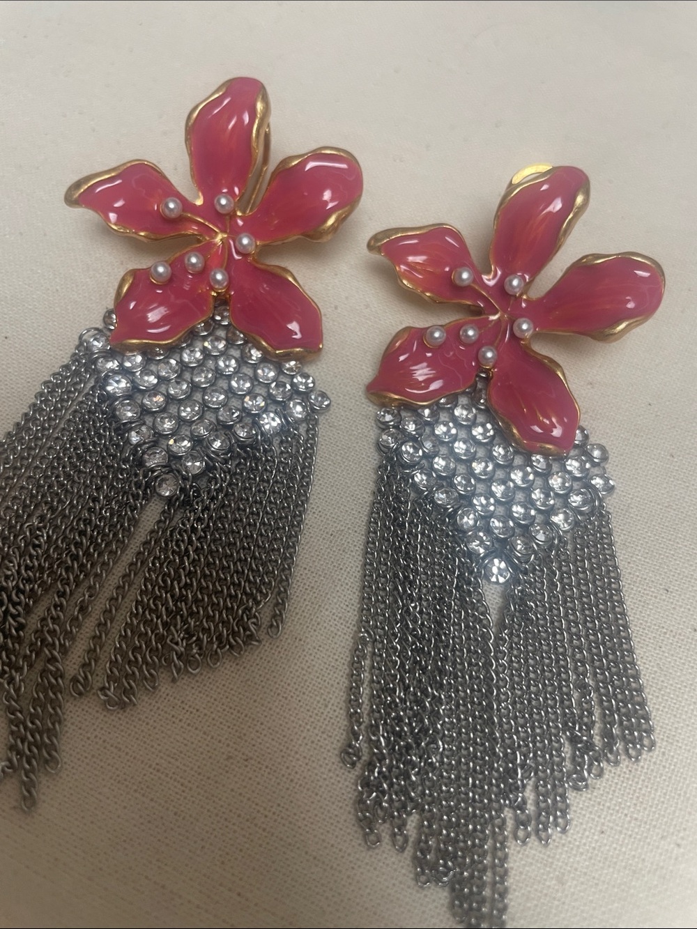 Vintage Coral Floral Earring w/ Cascade Rhinestones - Picture 2 of 7